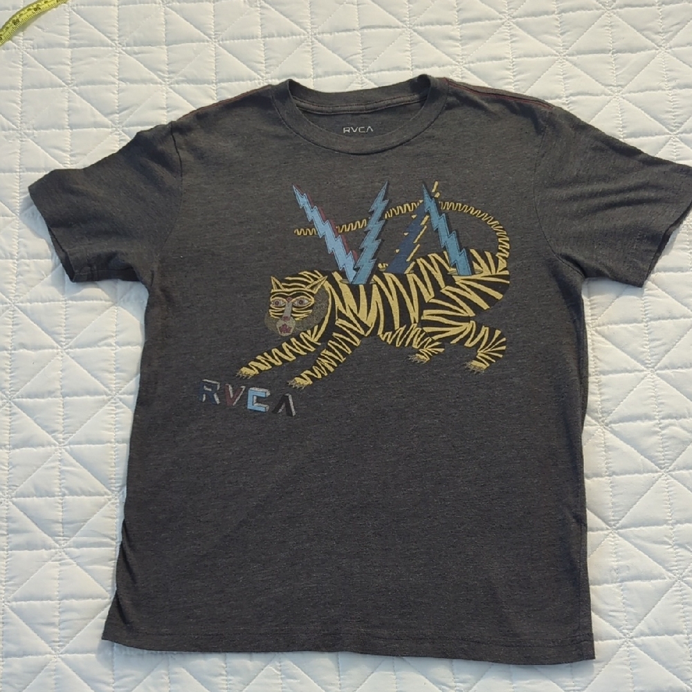 RVCA Charcoal Tee with Yellow Tiger and Blue Lightning